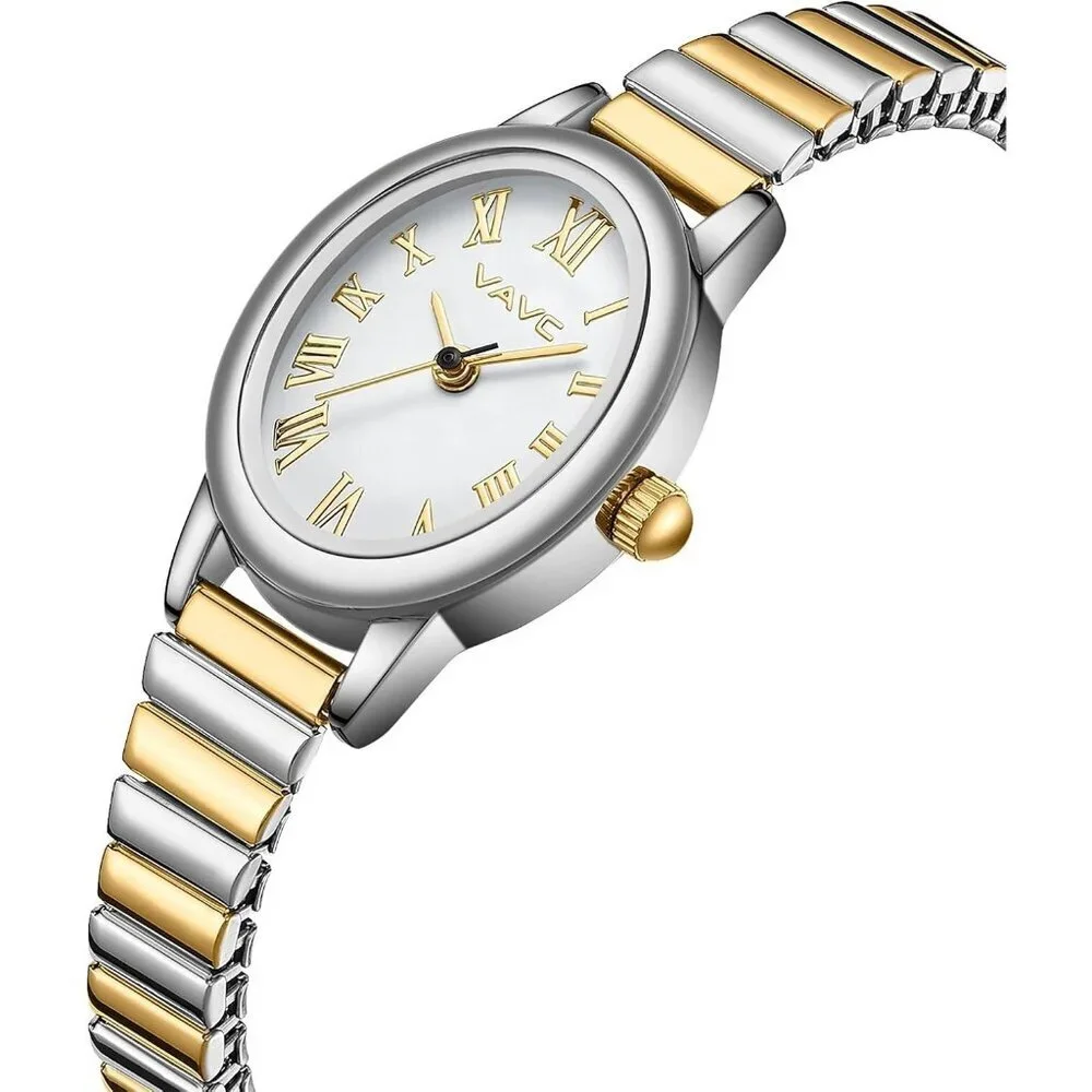 Women's Silver Gold Watch Stainless Steel Expansion Band Oval Case Roman Dial